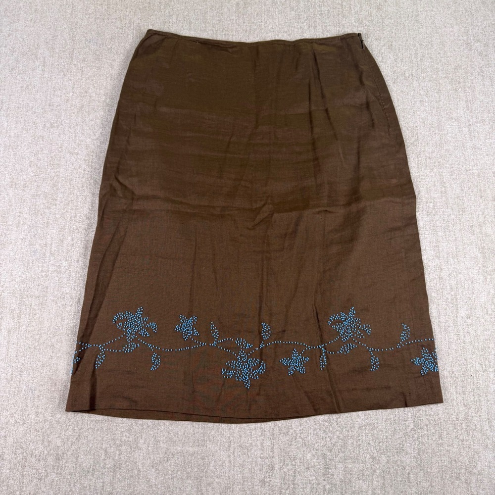 Ann Taylor LOFT Skirt Womens 8 Brown Beaded Floral 100% Linen Midi A-Line Zip